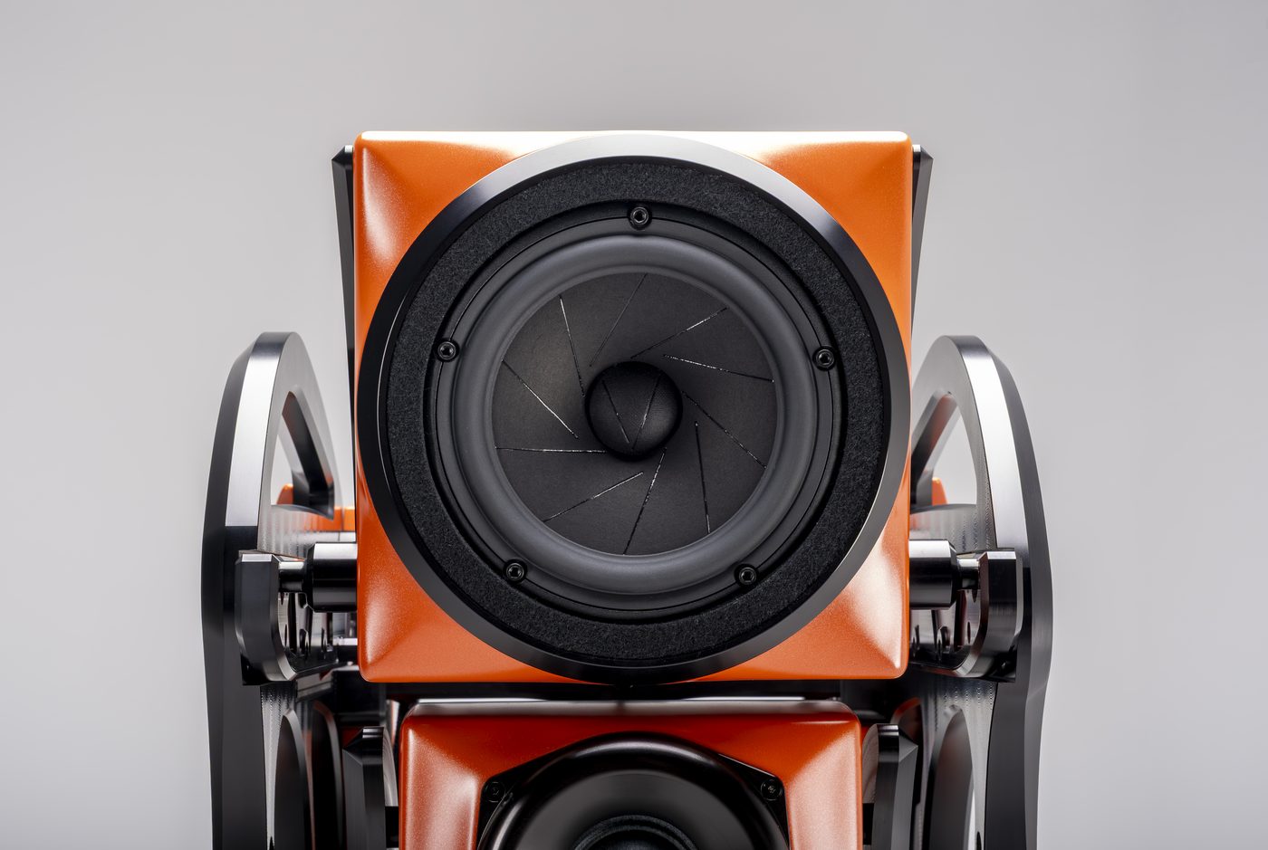 The upper 7 inch midrange driver on an Autobiography in Red Rock Sunset Satin