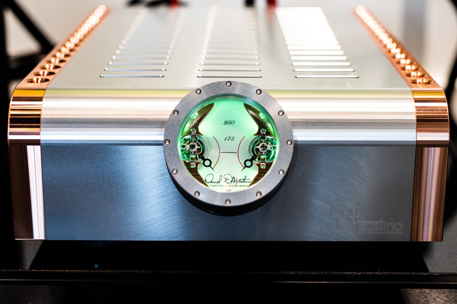 The illuminated meter on a Dan D’Agostino amplifier in the Sound Sanctuary Austin showroom.